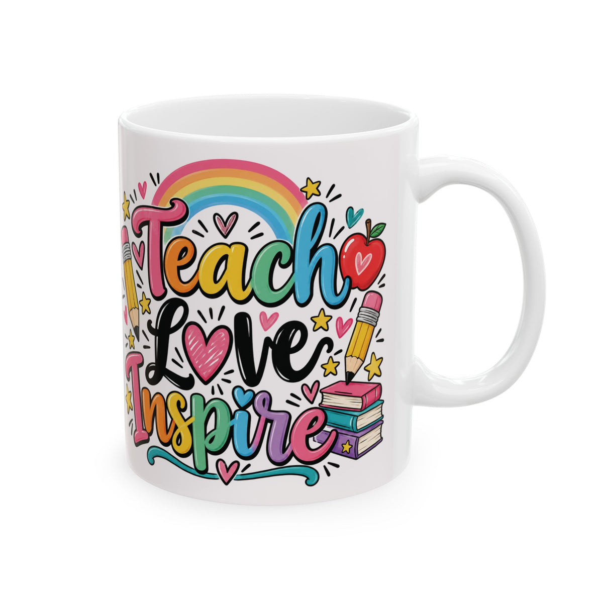 Teacher Love Inspire Mug | Cute Rainbow Pencil Apple Books Design