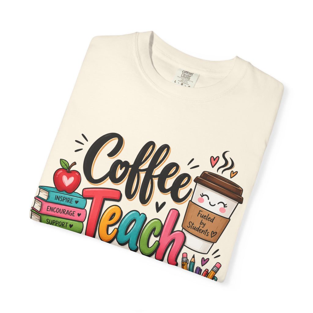 Coffee Teach Repeat T-shirt | Teacher Coffee Book Stack Pencil Mug Design
