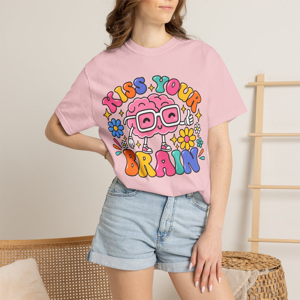 Kiss Your Brain BRI TEE | T-Shirt, Retro Cartoon Brain with Flowers