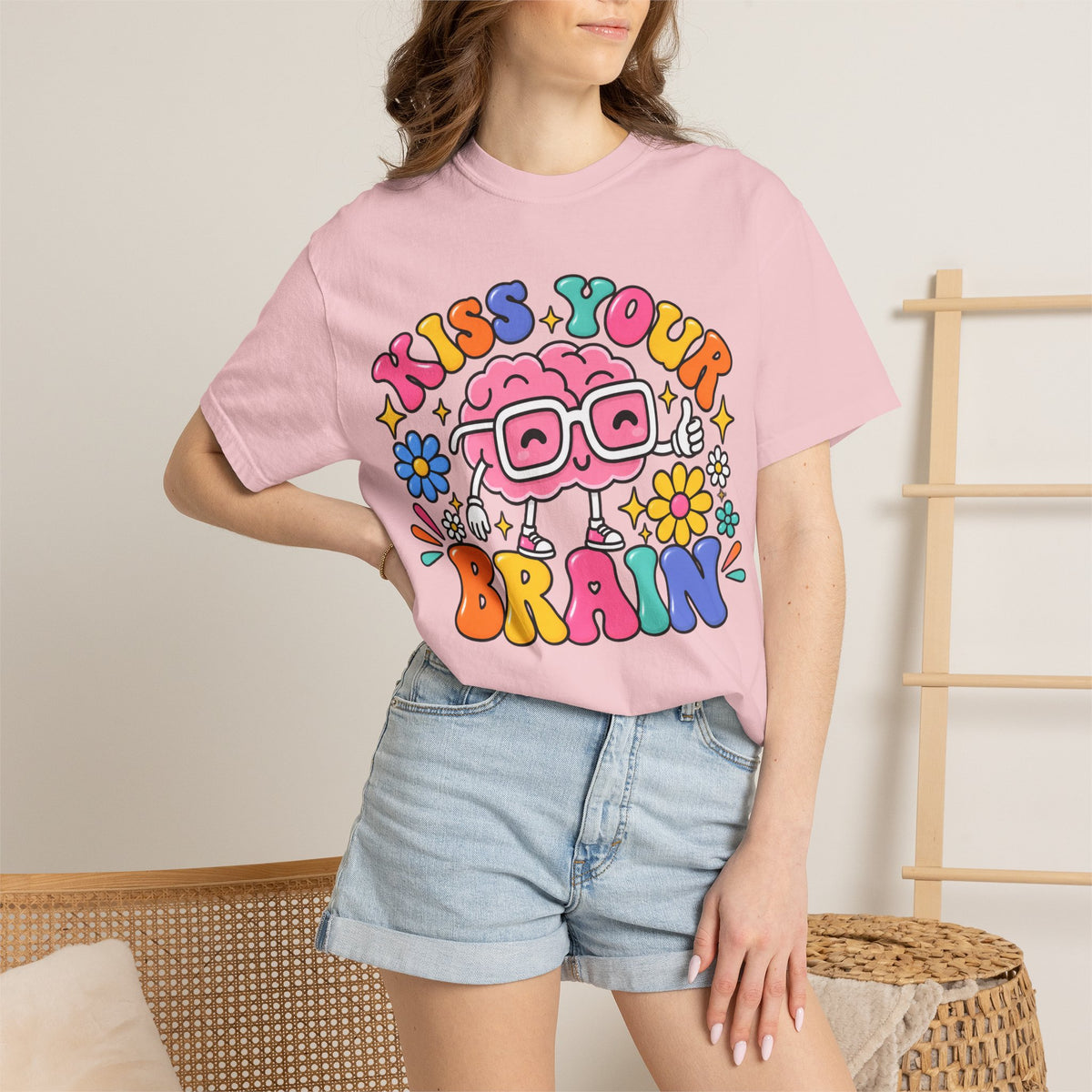 Kiss Your Brain BRI TEE | T-Shirt, Retro Cartoon Brain with Flowers