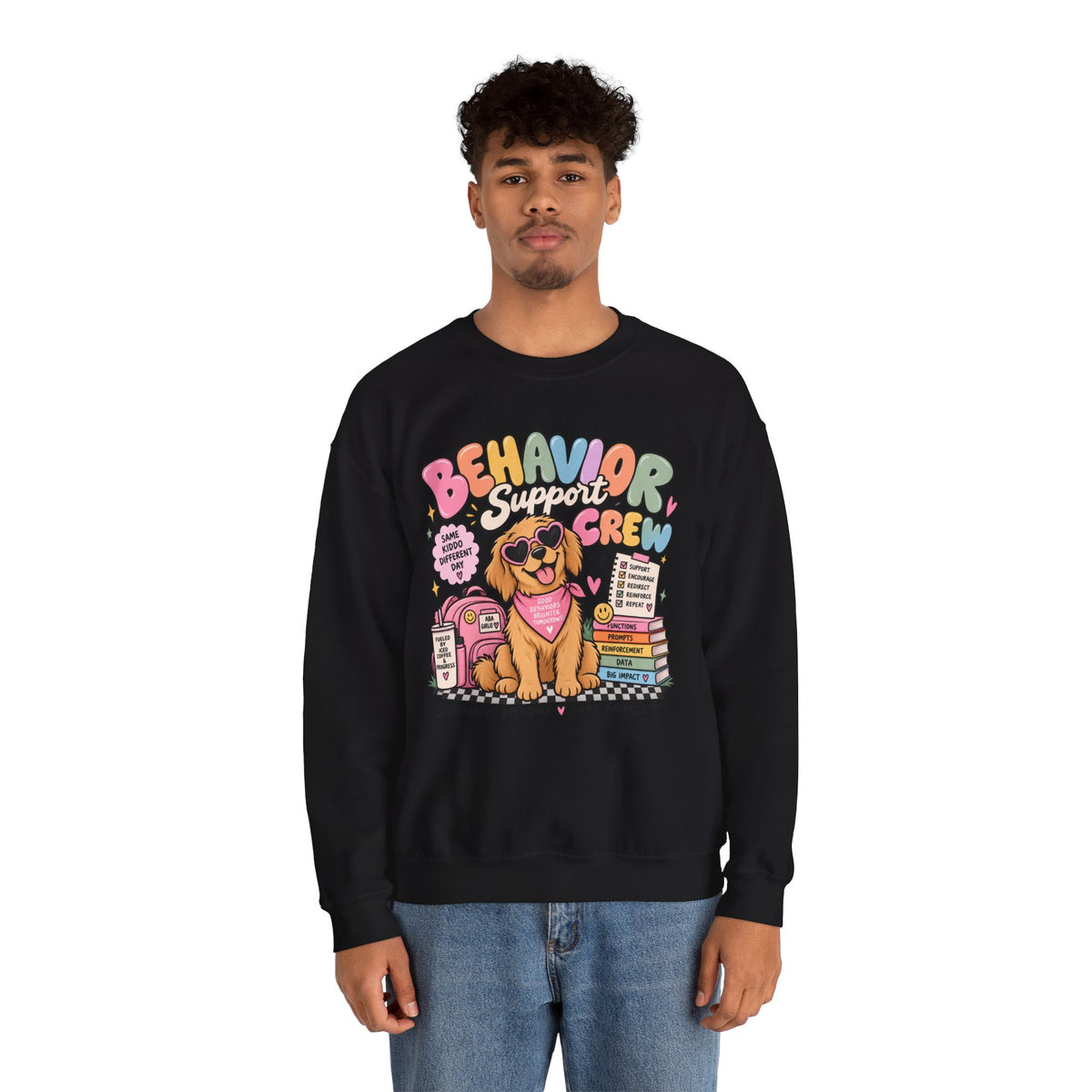 Behavior Support Crew sweatshirt | School Therapy Dog Design, Books & Classroom Icons