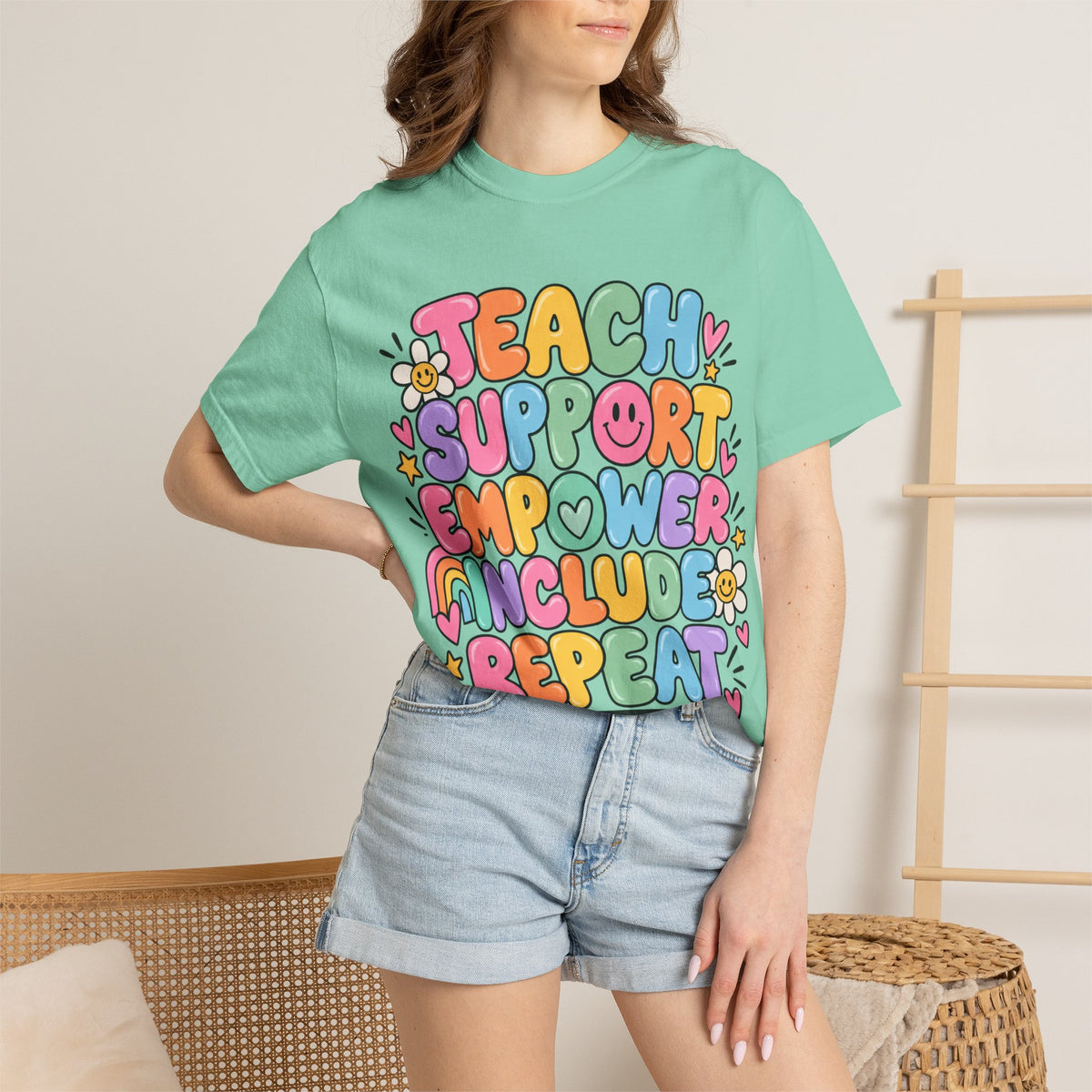 Teach Support Empower Include Repeat T-shirt | Rainbow Positivity Tee