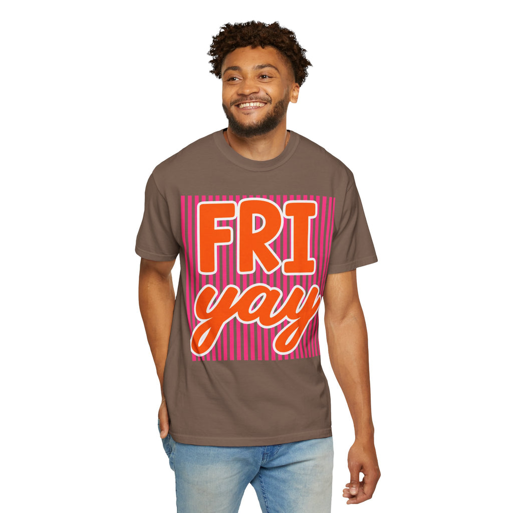 FRI yay T-shirt | Bright Retro Text, Pink Stripes
