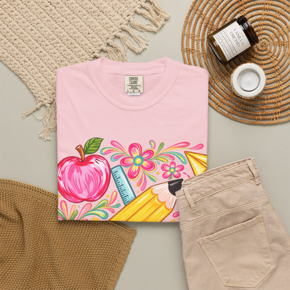 School Supplies Pencil Apple Floral T-shirt | Teacher Student Back to School