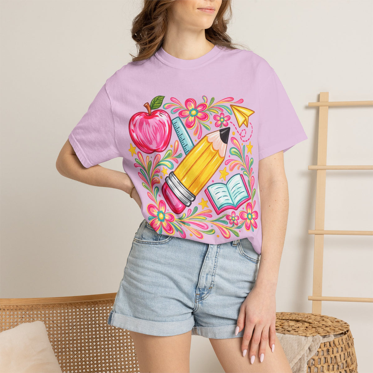 School Supplies Pencil Apple Floral T-shirt | Teacher Student Back to School