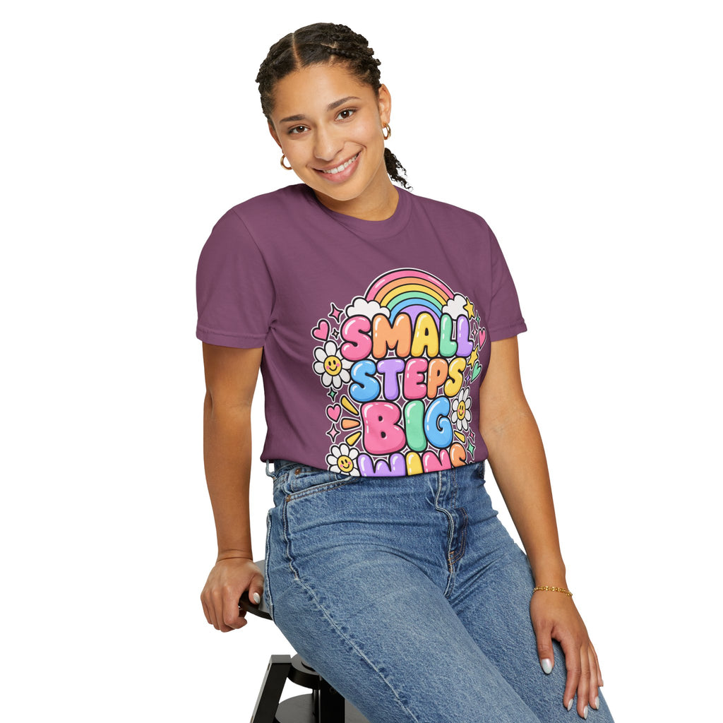 Small Steps Big Wins T-shirt | Retro Rainbow Positive Graphic