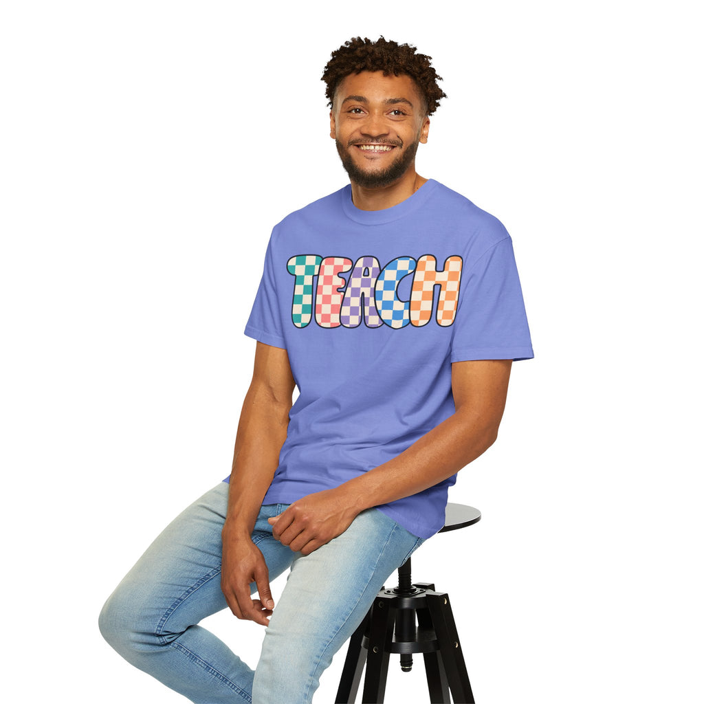 Teach Bubble Letters Checkerboard T-Shirt | Colorful Retro School Tee
