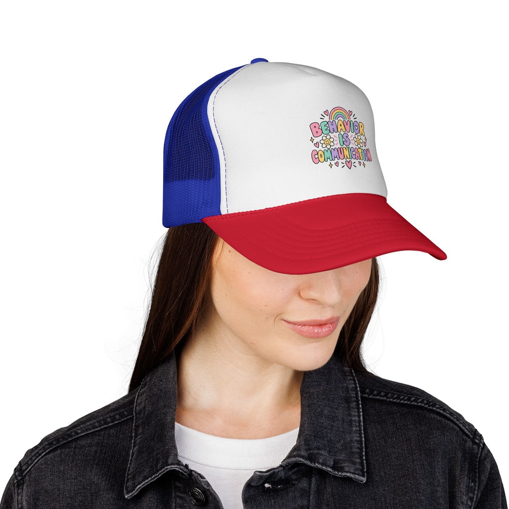 Behavior Is Communication Trucker Cap | Rainbow Floral Illustration