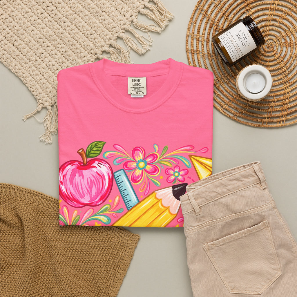 School Supplies Pencil Apple Floral T-shirt | Teacher Student Back to School