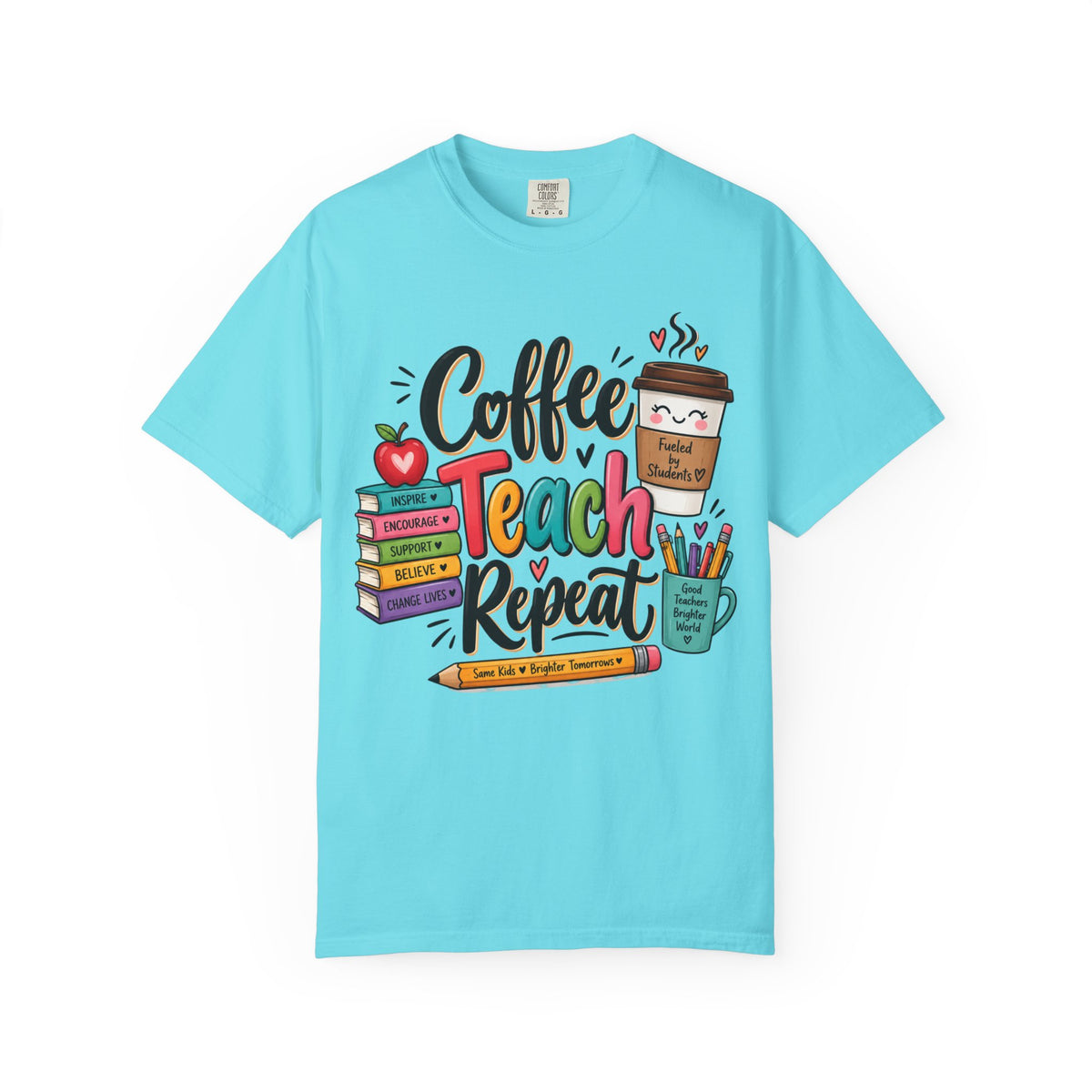 Coffee Teach Repeat T-shirt | Teacher Coffee Book Stack Pencil Mug Design