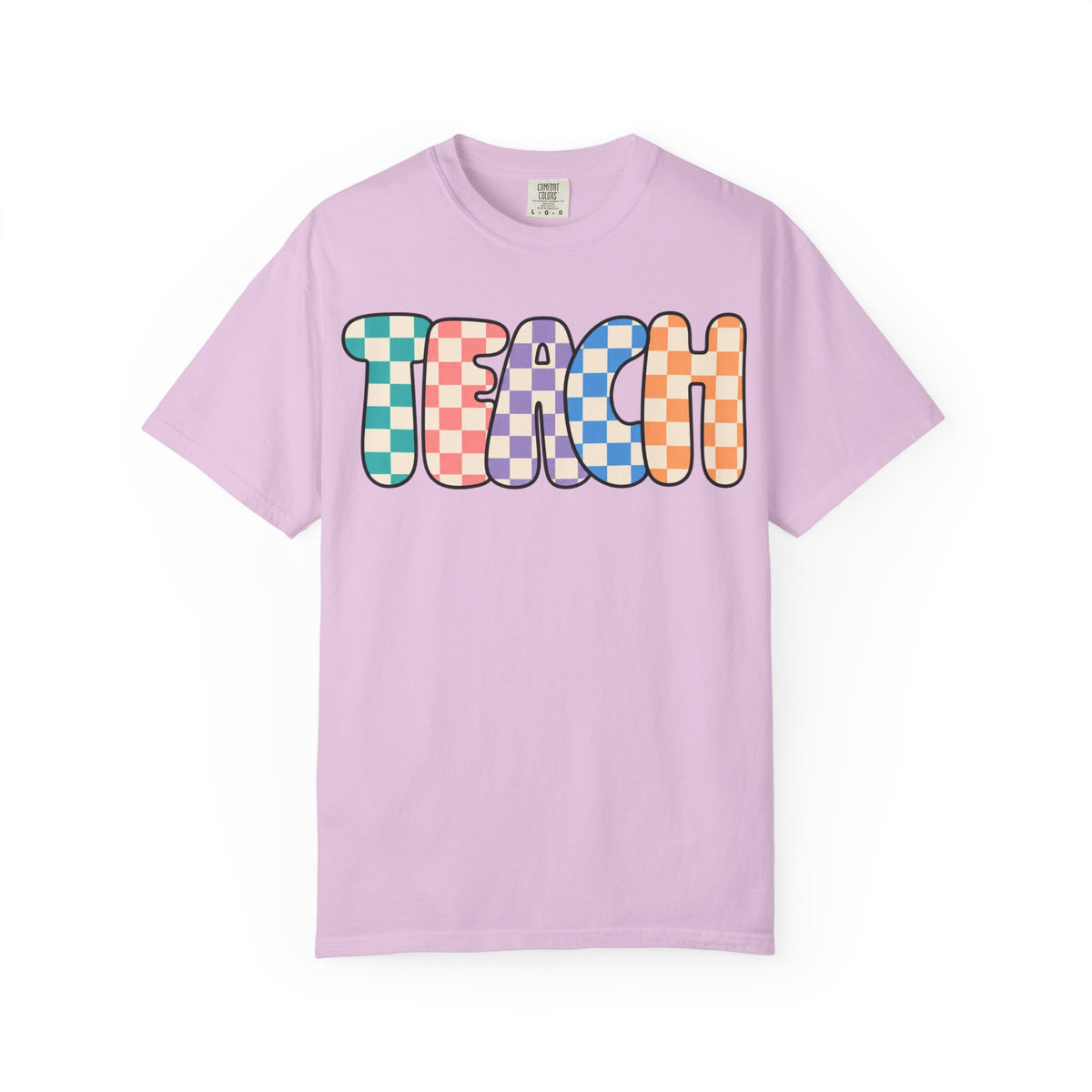 Teach Bubble Letters Checkerboard T-Shirt | Colorful Retro School Tee