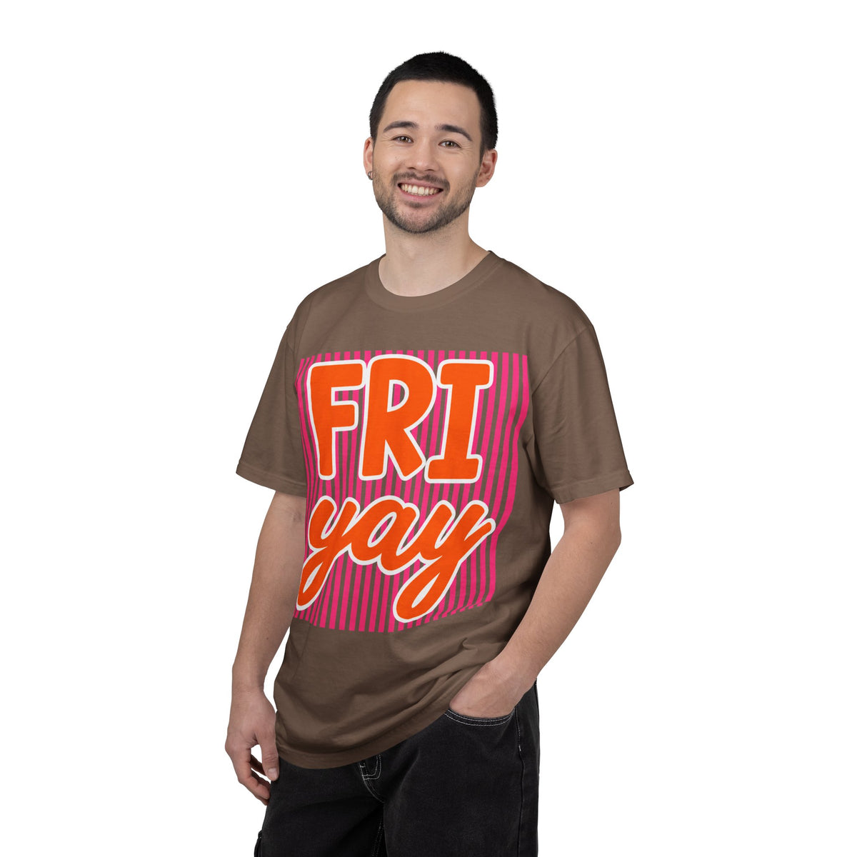 FRI yay T-shirt | Bright Retro Text, Pink Stripes