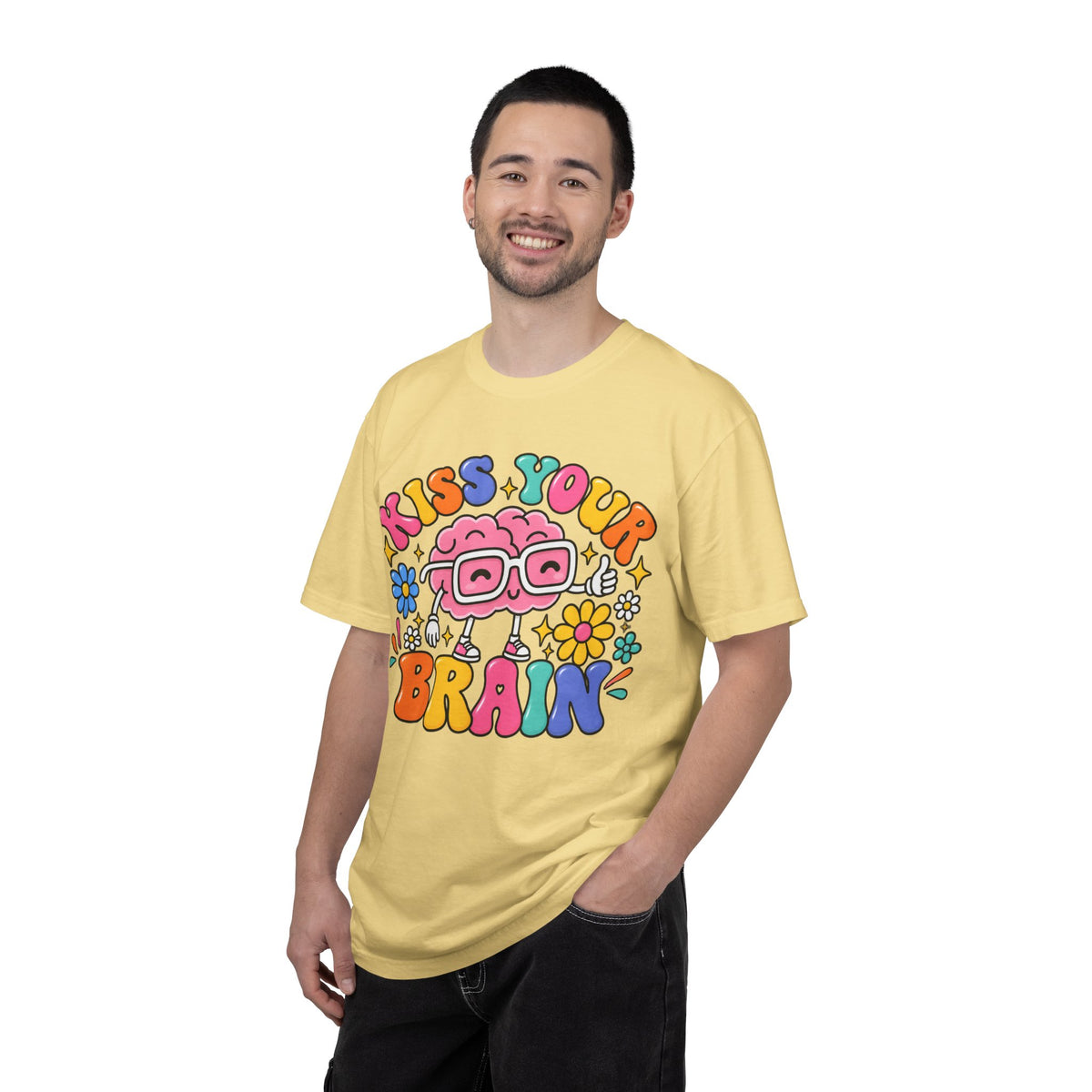 Kiss Your Brain BRI TEE | T-Shirt, Retro Cartoon Brain with Flowers