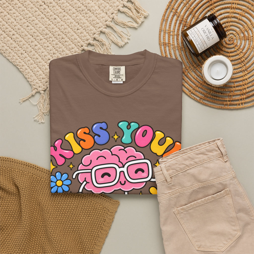 Kiss Your Brain BRI TEE | T-Shirt, Retro Cartoon Brain with Flowers