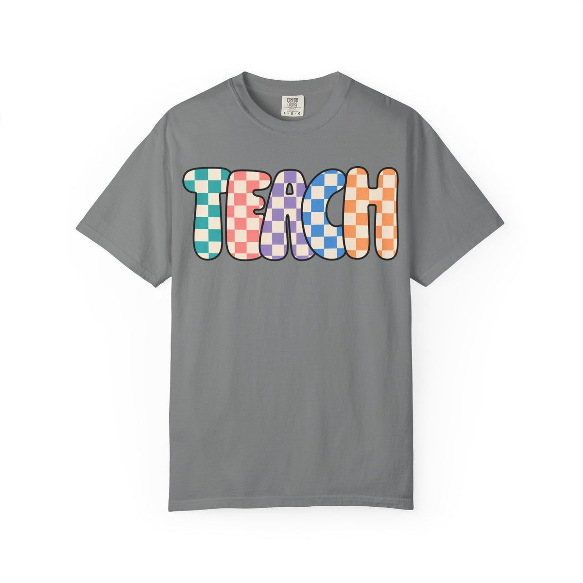 Teach Bubble Letters Checkerboard T-Shirt | Colorful Retro School Tee