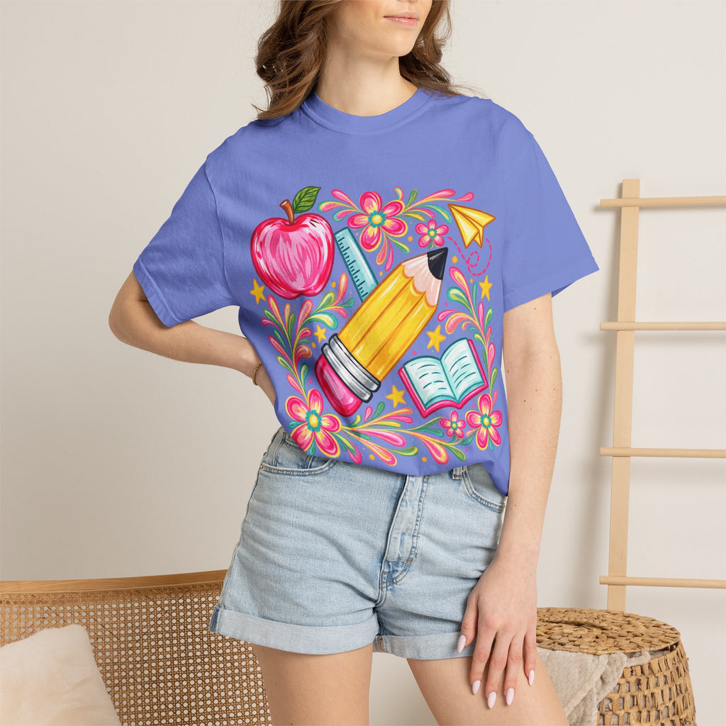School Supplies Pencil Apple Floral T-shirt | Teacher Student Back to School