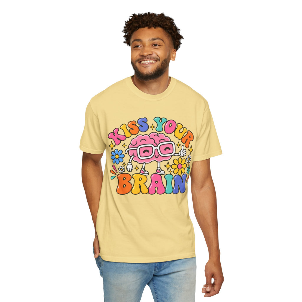 Kiss Your Brain BRI TEE | T-Shirt, Retro Cartoon Brain with Flowers