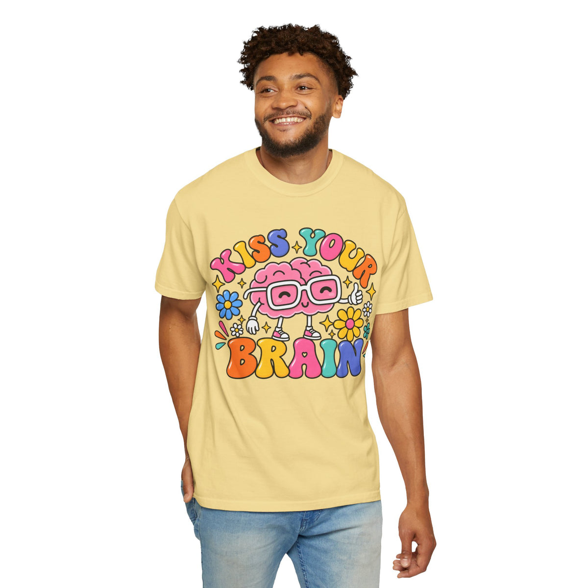 Kiss Your Brain BRI TEE | T-Shirt, Retro Cartoon Brain with Flowers