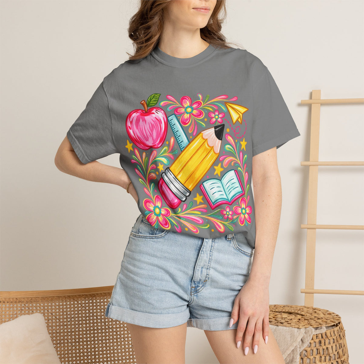 School Supplies Pencil Apple Floral T-shirt | Teacher Student Back to School
