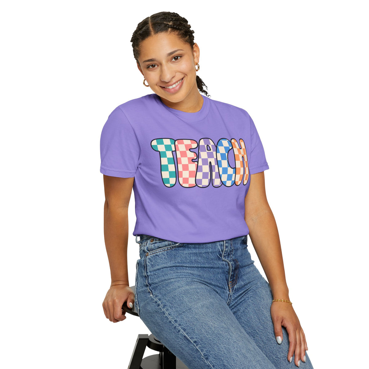 Teach Bubble Letters Checkerboard T-Shirt | Colorful Retro School Tee
