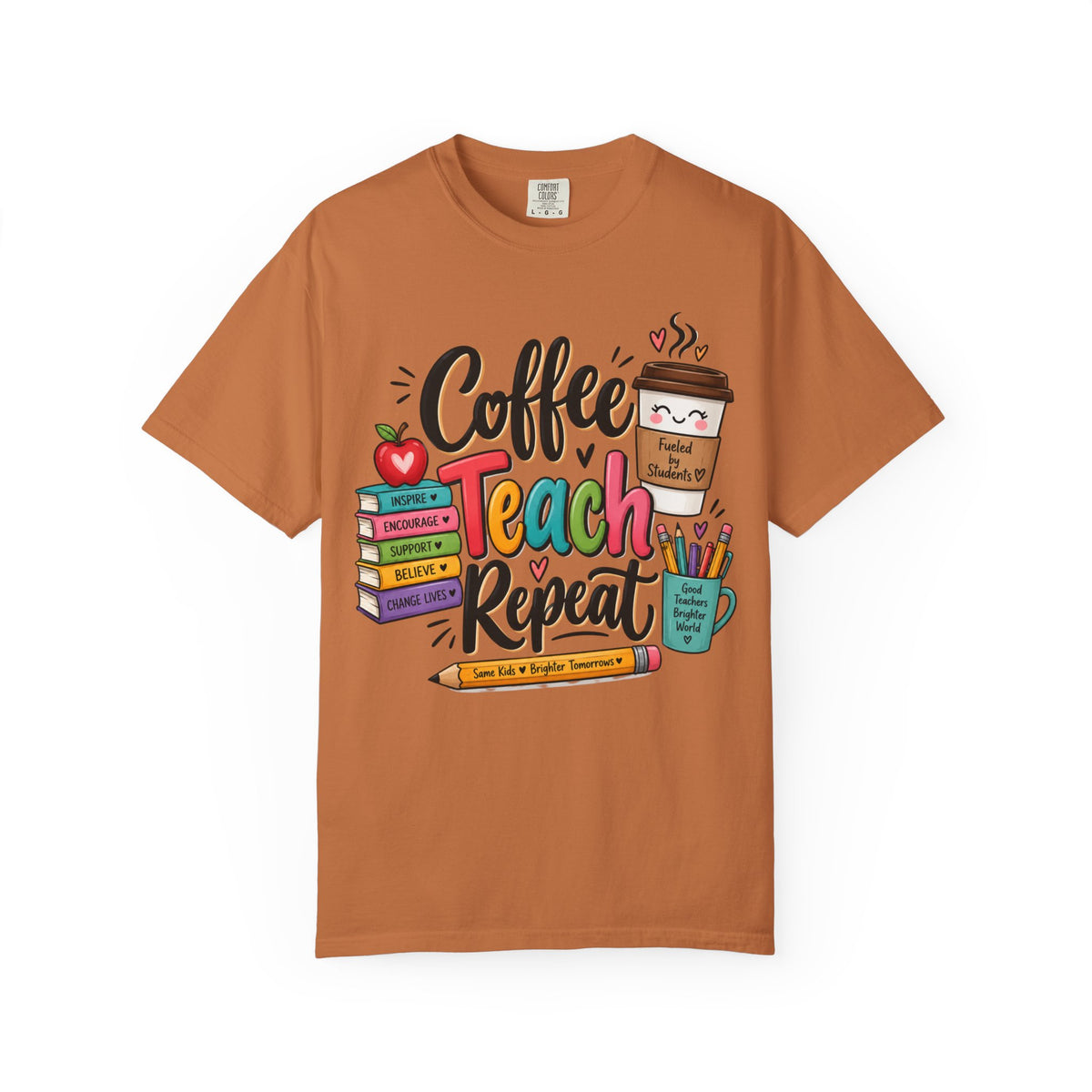 Coffee Teach Repeat T-shirt | Teacher Coffee Book Stack Pencil Mug Design