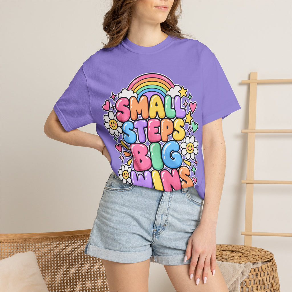 Small Steps Big Wins T-shirt | Retro Rainbow Positive Graphic