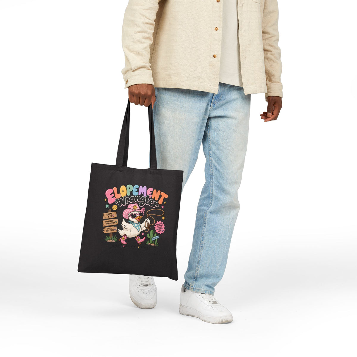 Elopement Tote Bag | Cute Western Pug Illustration, Canvas Grocery Tote
