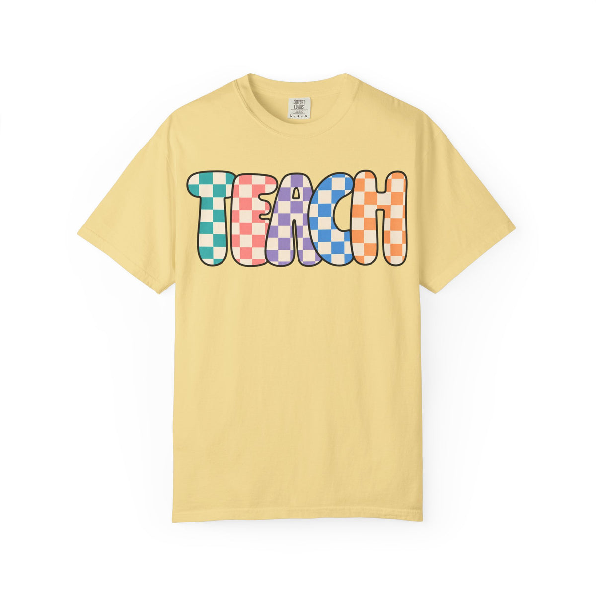 Teach Bubble Letters Checkerboard T-Shirt | Colorful Retro School Tee