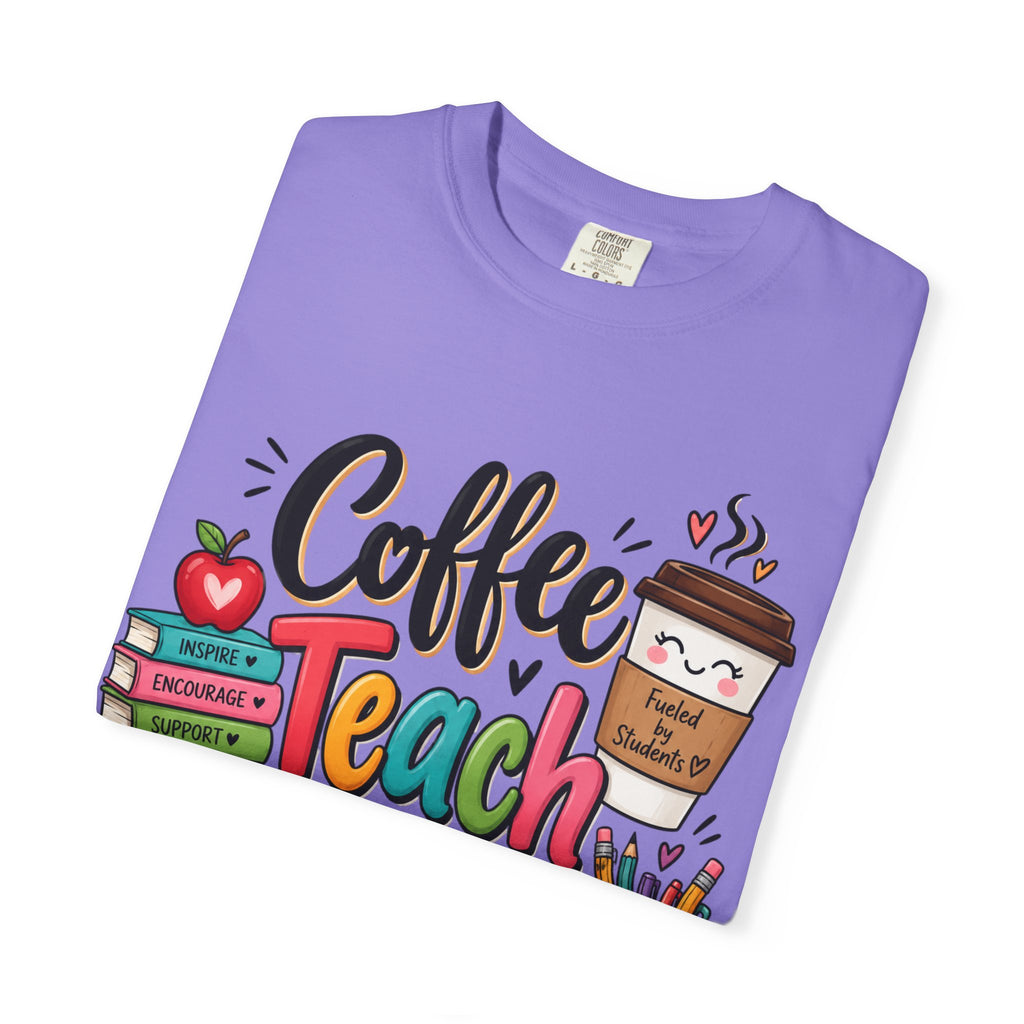 Coffee Teach Repeat T-shirt | Teacher Coffee Book Stack Pencil Mug Design