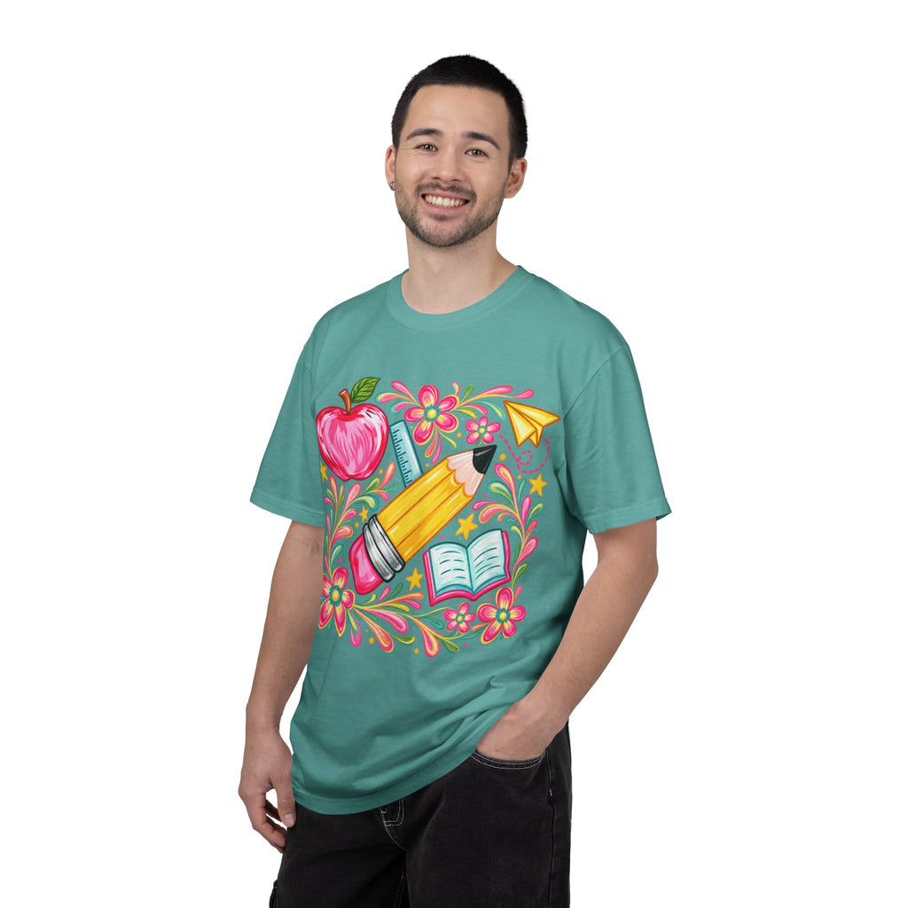 School Supplies Pencil Apple Floral T-shirt | Teacher Student Back to School