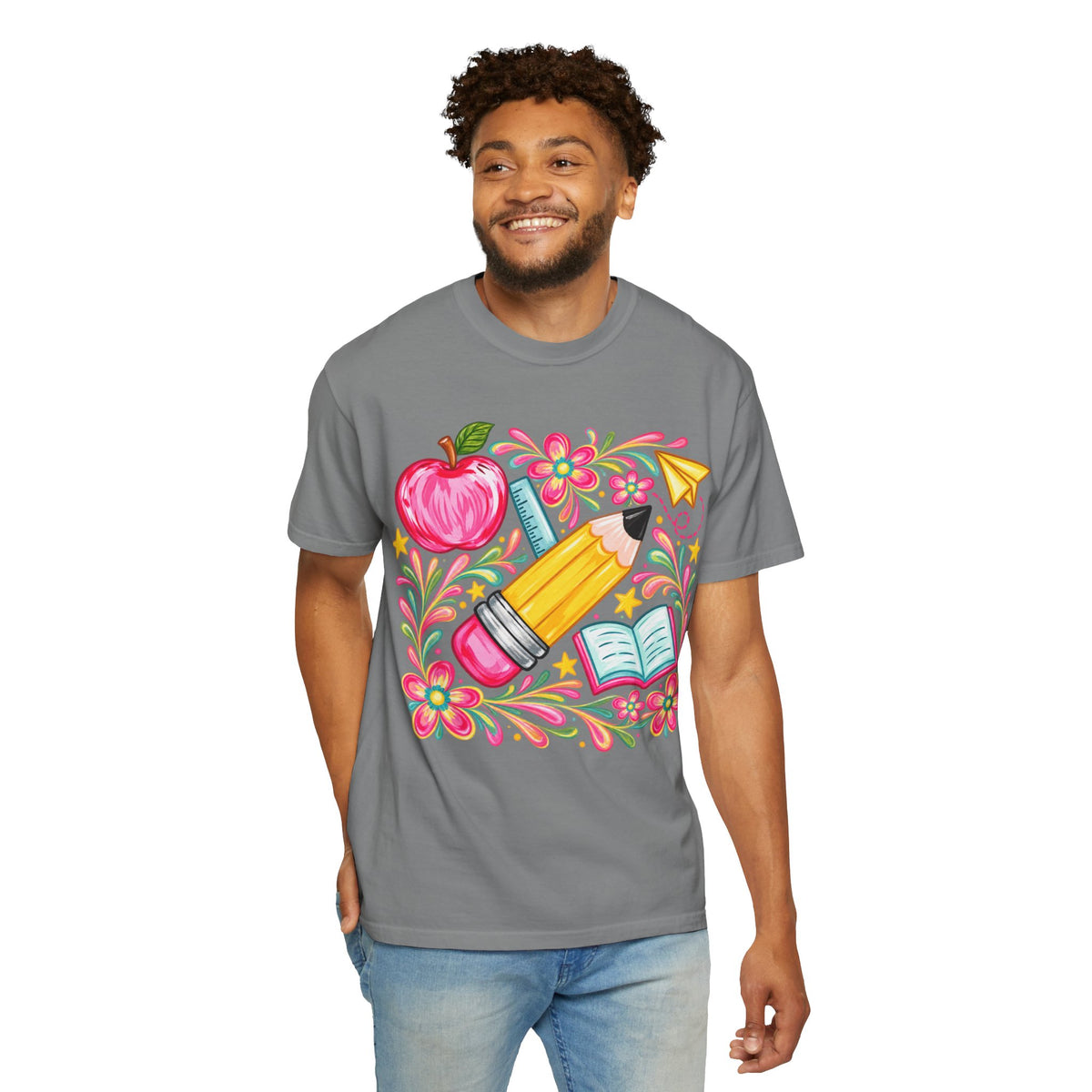 School Supplies Pencil Apple Floral T-shirt | Teacher Student Back to School