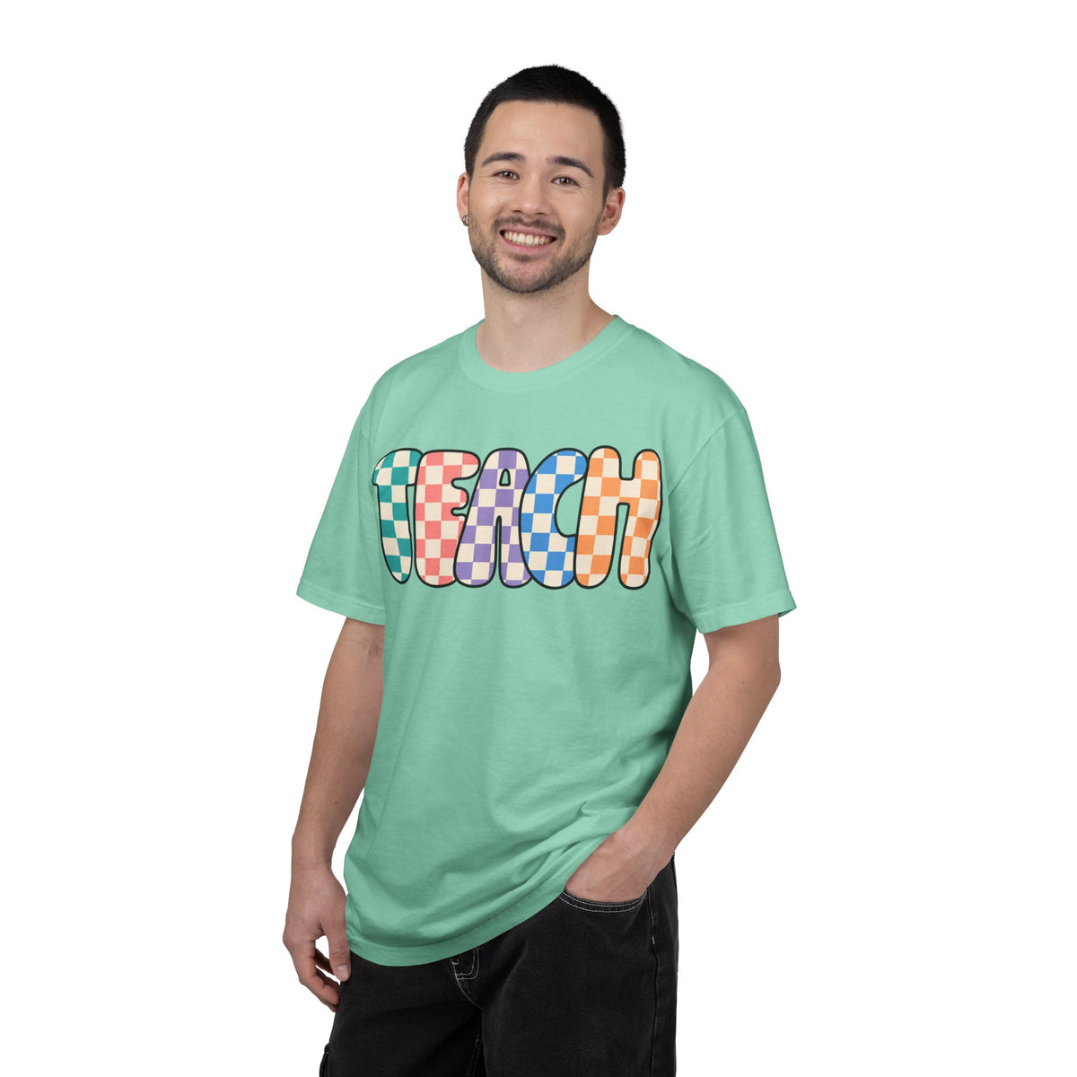 Teach Bubble Letters Checkerboard T-Shirt | Colorful Retro School Tee