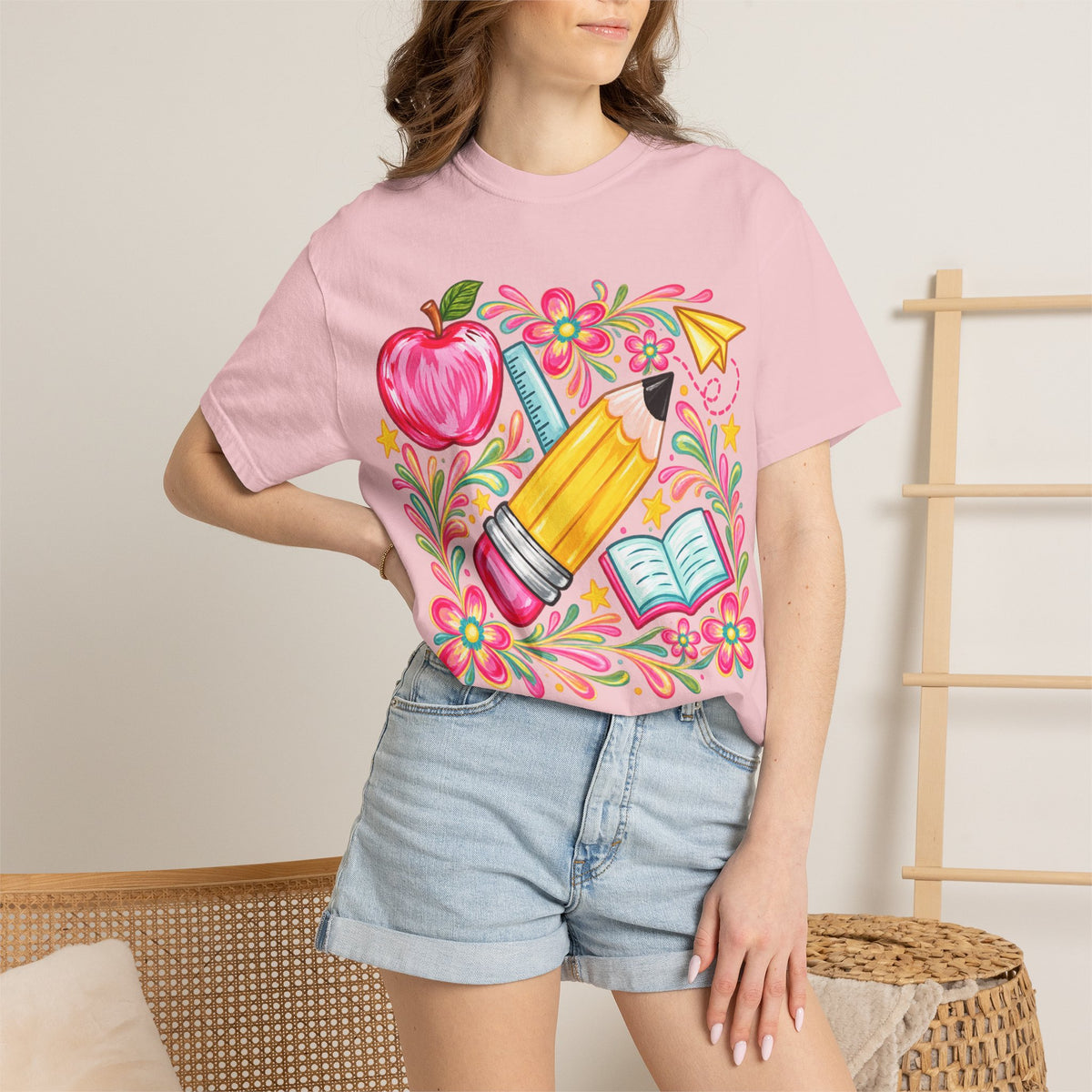 School Supplies Pencil Apple Floral T-shirt | Teacher Student Back to School