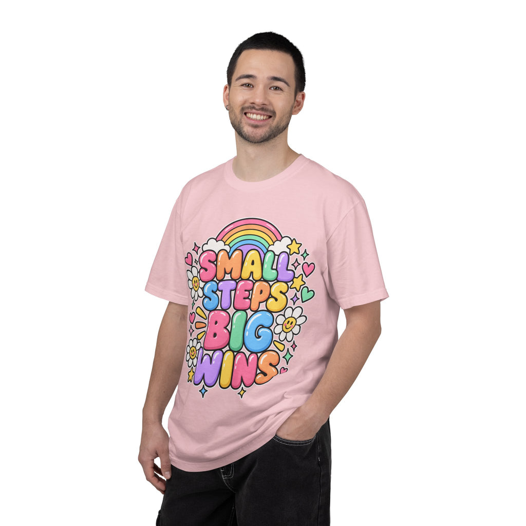 Small Steps Big Wins T-shirt | Retro Rainbow Positive Graphic