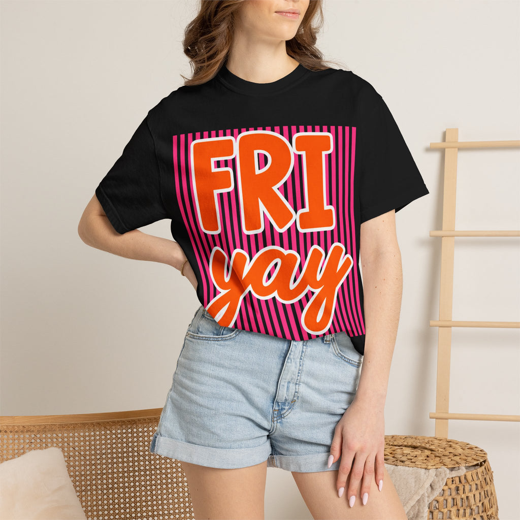 FRI yay T-shirt | Bright Retro Text, Pink Stripes