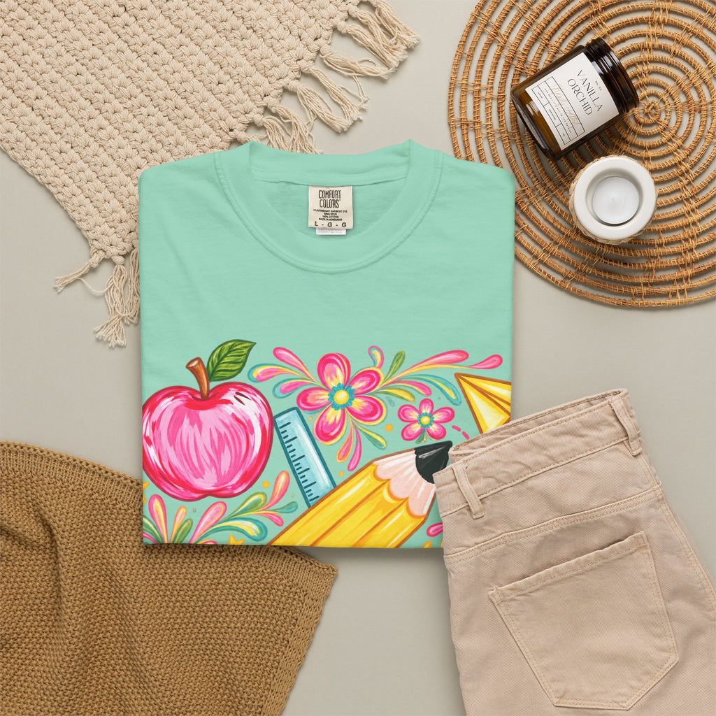 School Supplies Pencil Apple Floral T-shirt | Teacher Student Back to School