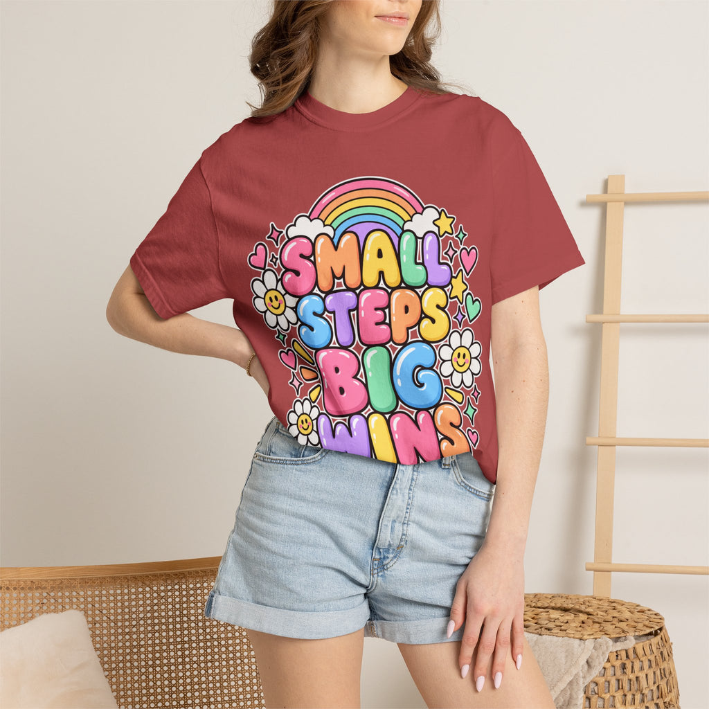 Small Steps Big Wins T-shirt | Retro Rainbow Positive Graphic