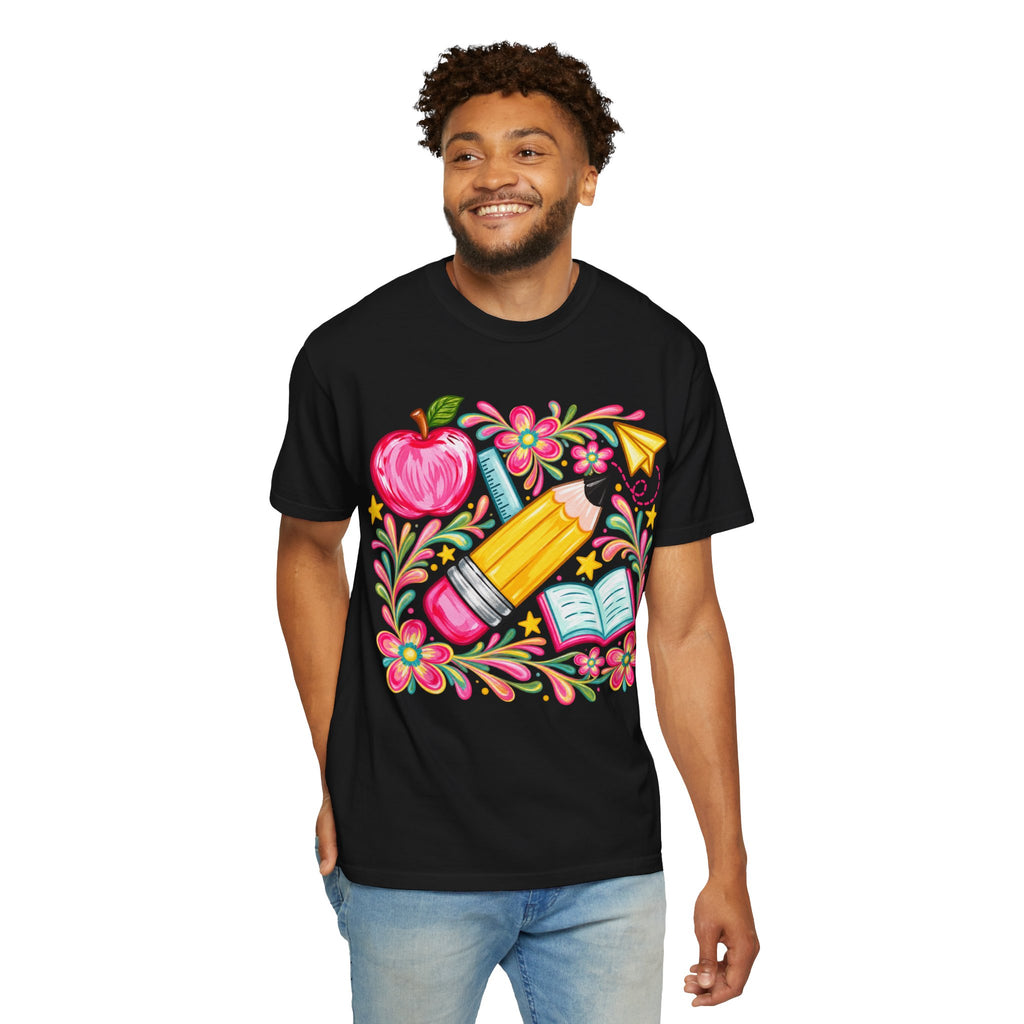 School Supplies Pencil Apple Floral T-shirt | Teacher Student Back to School
