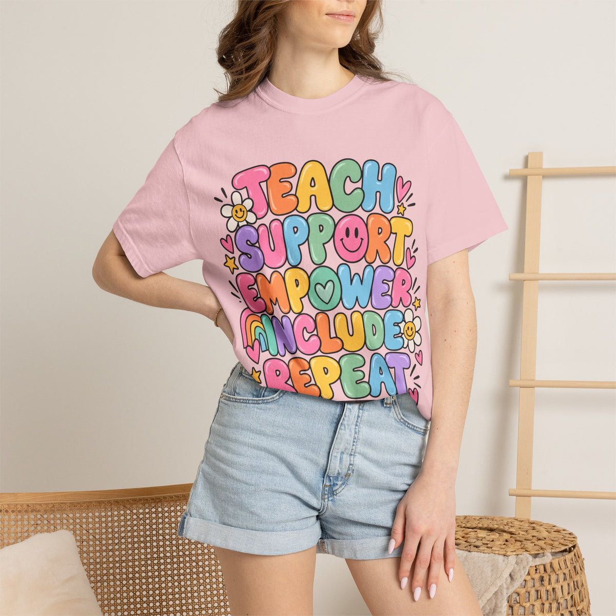 Teach Support Empower Include Repeat T-shirt | Rainbow Positivity Tee