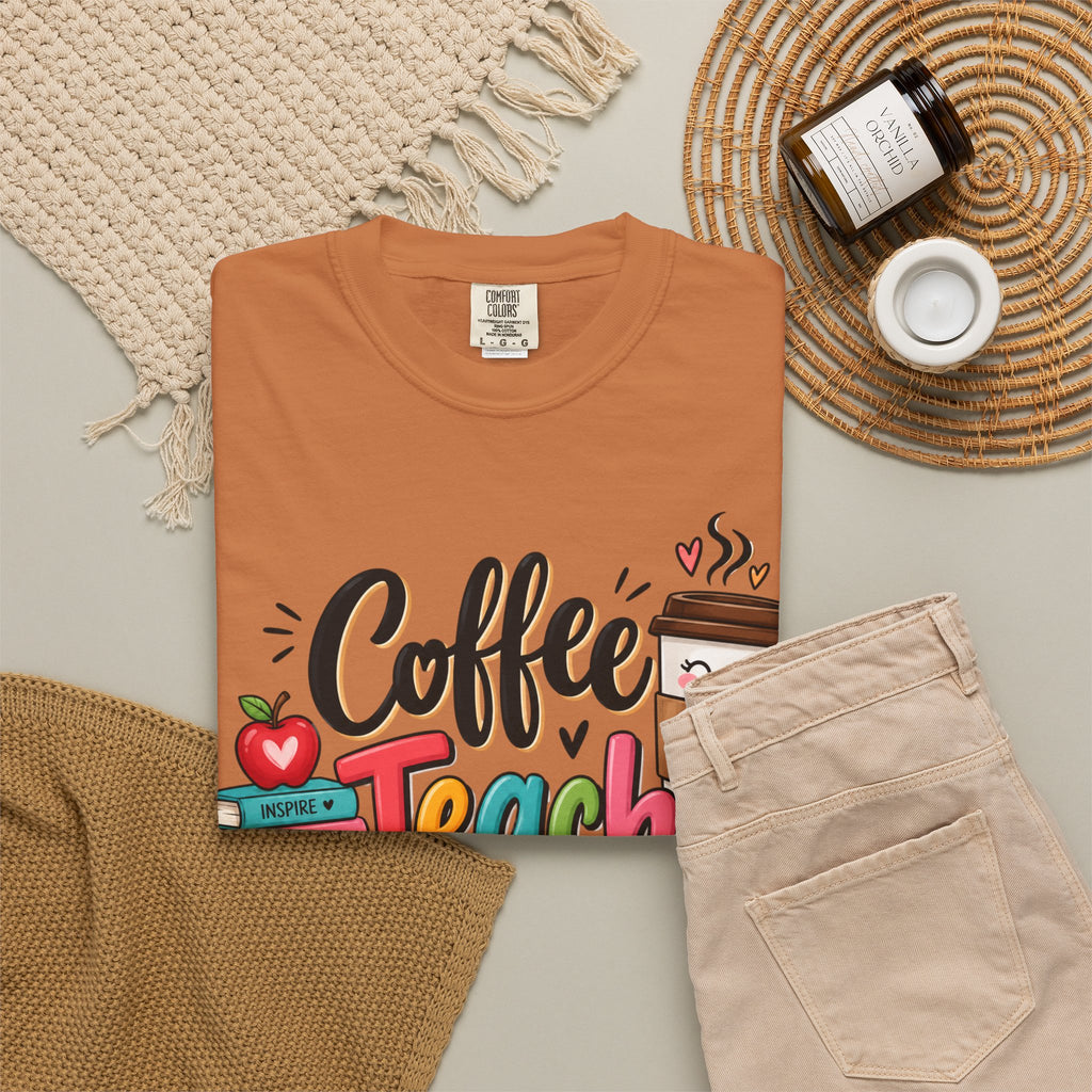 Coffee Teach Repeat T-shirt | Teacher Coffee Book Stack Pencil Mug Design