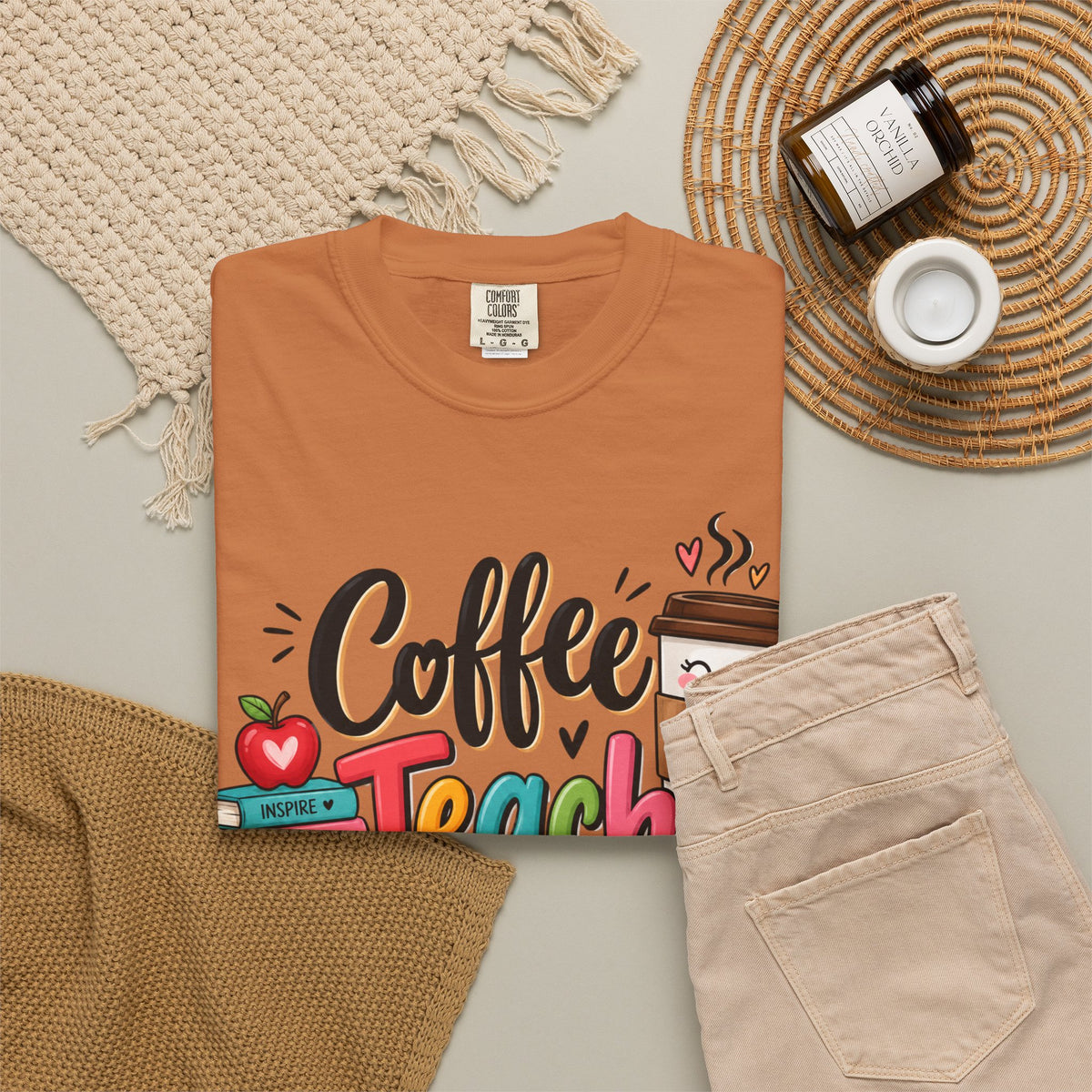 Coffee Teach Repeat T-shirt | Teacher Coffee Book Stack Pencil Mug Design