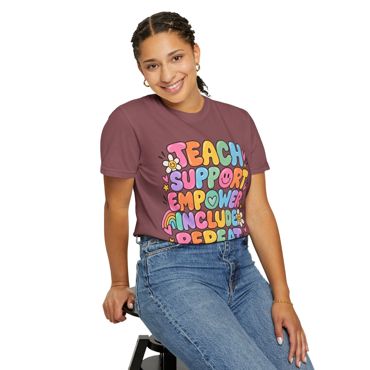 Teach Support Empower Include Repeat T-shirt | Rainbow Positivity Tee