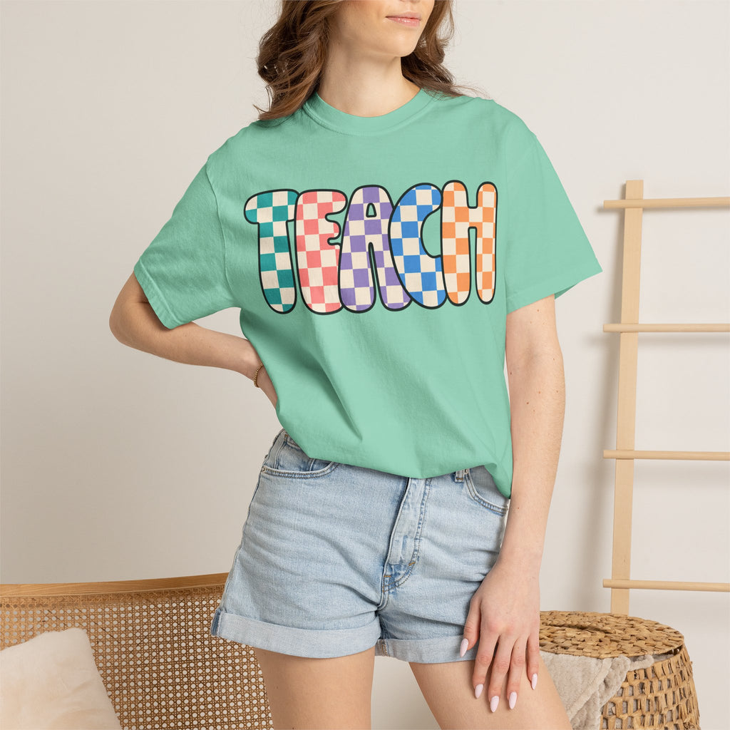 Teach Bubble Letters Checkerboard T-Shirt | Colorful Retro School Tee