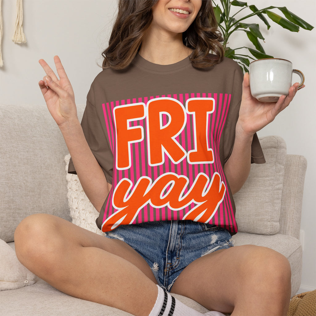 FRI yay T-shirt | Bright Retro Text, Pink Stripes