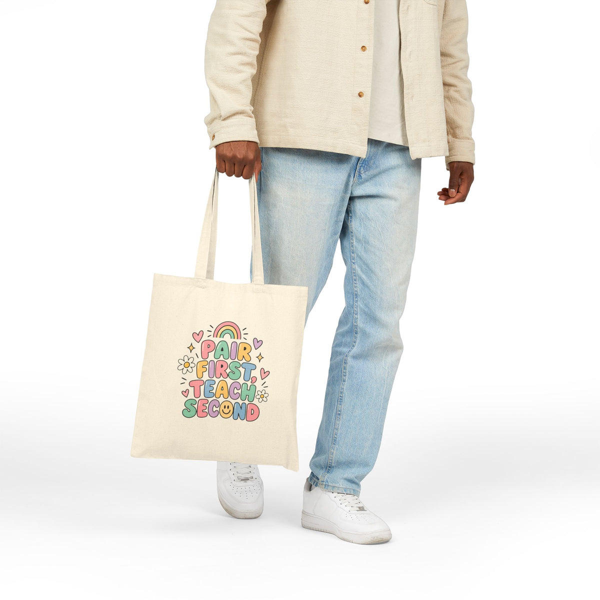 Pair First Teach Second Tote Bag | Teacher Tote, Cute Rainbow Classroom Design