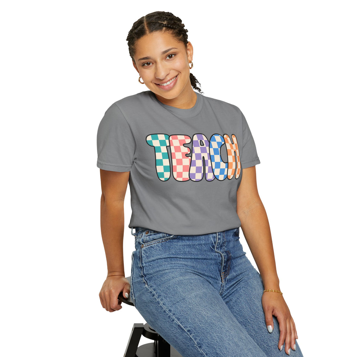 Teach Bubble Letters Checkerboard T-Shirt | Colorful Retro School Tee
