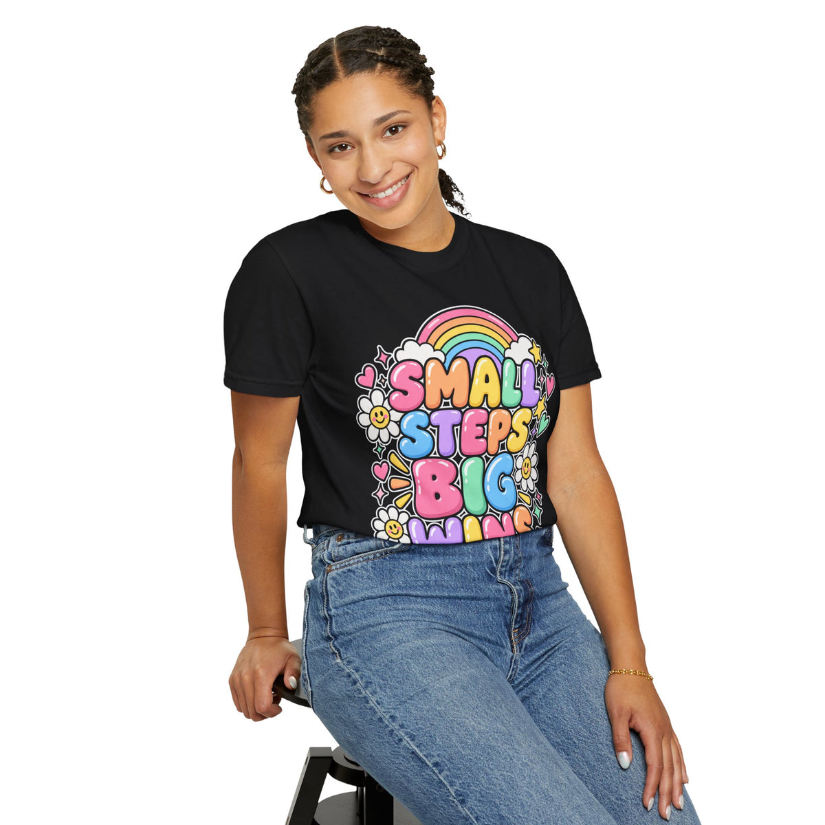 Small Steps Big Wins T-shirt | Retro Rainbow Positive Graphic