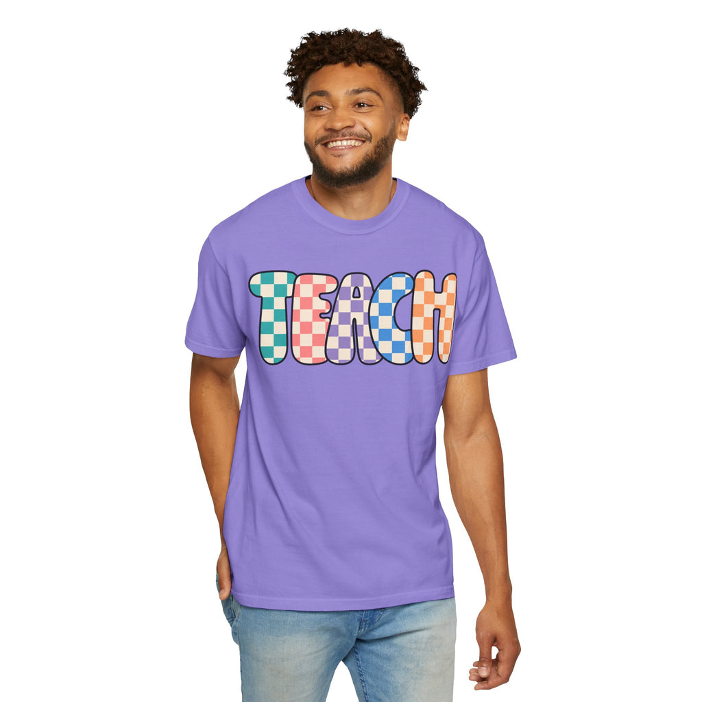 Teach Bubble Letters Checkerboard T-Shirt | Colorful Retro School Tee