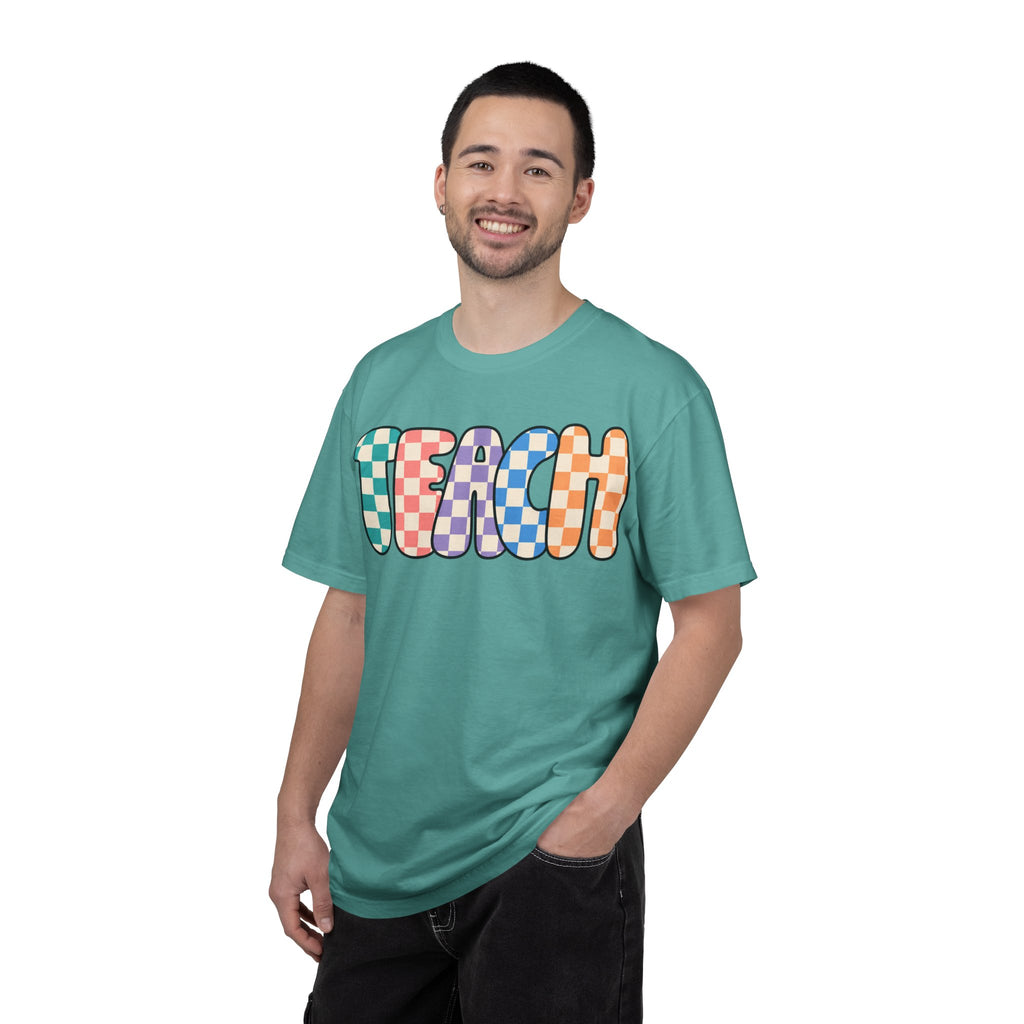 Teach Bubble Letters Checkerboard T-Shirt | Colorful Retro School Tee