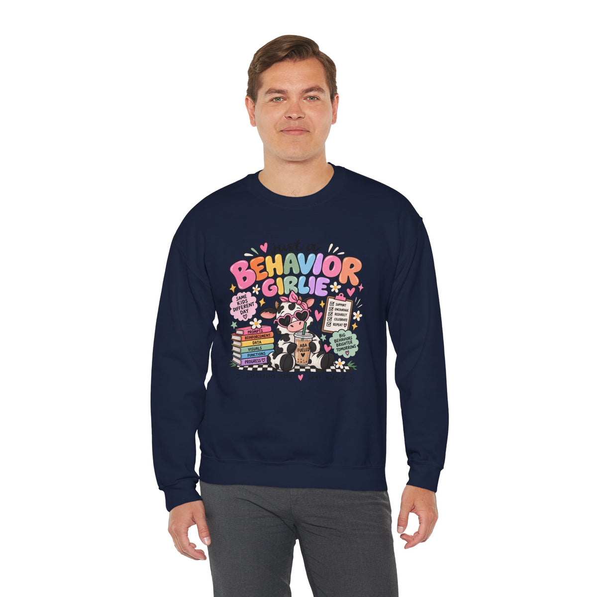 Just a Behavior Girl Crewneck Sweatshirt | Cute Cow Character, Books & Therapy Icons